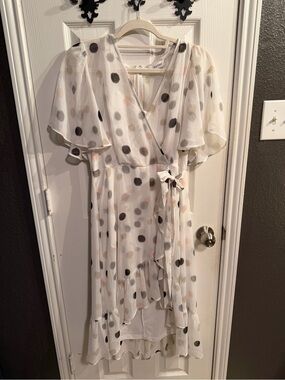 Calvin Klein White Wrap Dress with Black, Gray and Pale Pink Dots
